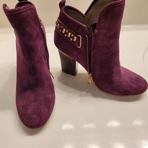 Latigo burgundy suede booties with gold accent. Size 7